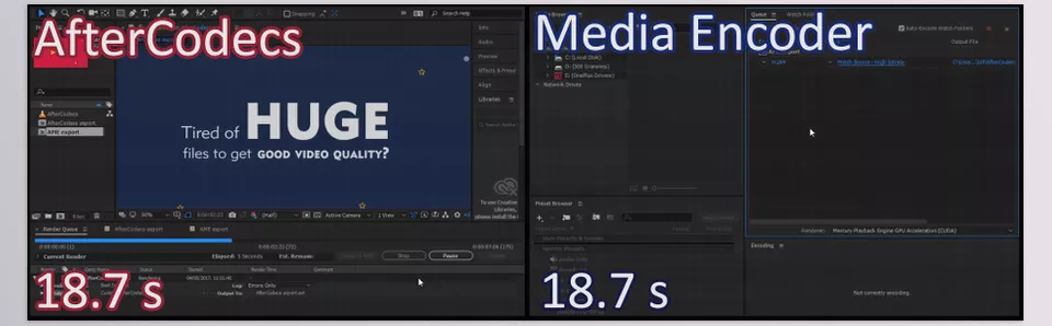 AfterCodecs AE vs. Exporting with Media Encoder - from the moment rendering starts until 18.7 seconds later