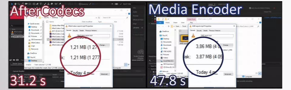 AfterCodecs AE vs. Exporting with Media Encoder - compare the video size and the export duration