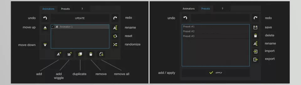 Aescripts - Textor - Animation and Presets tab.