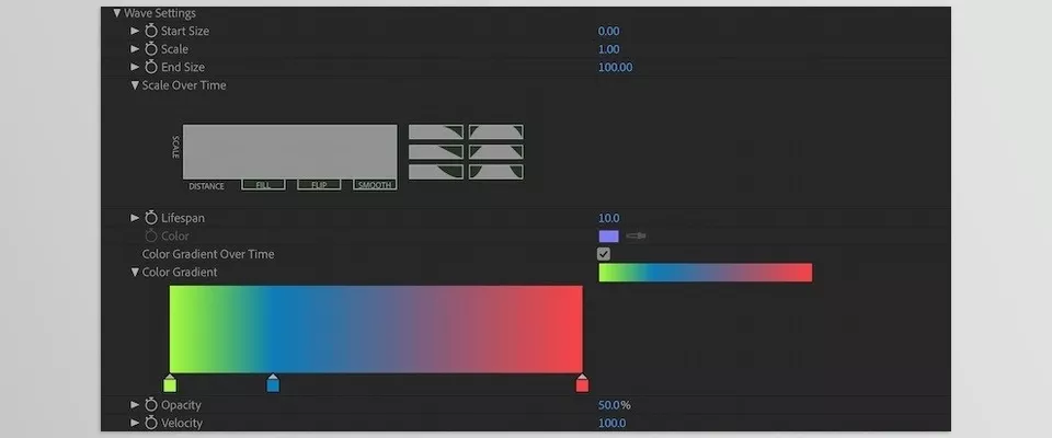 Aescripts - Aura - Wave controls typically include start and end parameters, often accompanied by graph parameters that influence their temporal evolution.