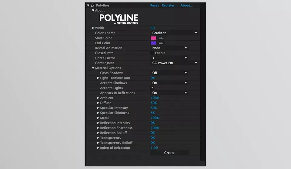 Aescripts - Polyline - The Polyline interface offers a variety of options, enabling you to control the width and select from different color themes.