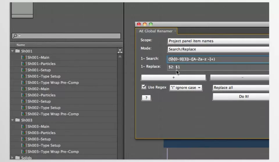 AE Global Renamer 2 - Effortlessly organize your project with an intuitive interface that lets you batch rename layers, effects, and properties in seconds.