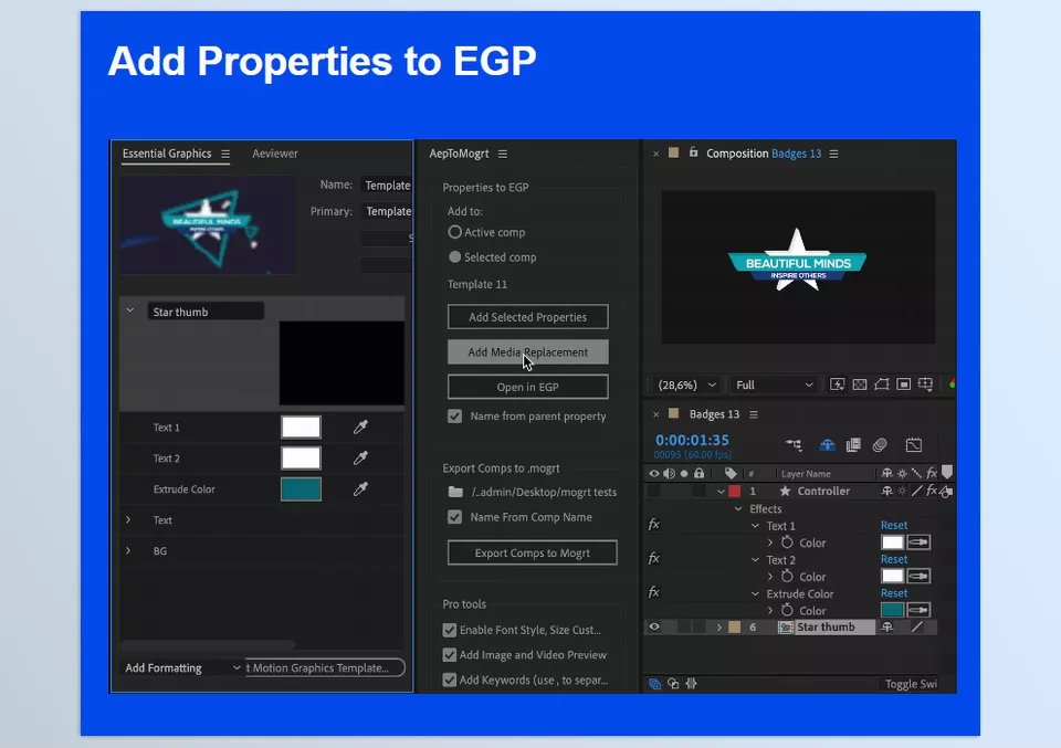 Aescripts - AepToMogrt Pro - One-click to add any property media or pre-composition to the Essential Graphics Panel