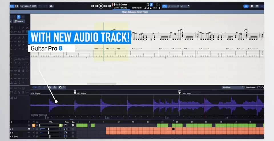 Guitar Pro - Add audio tracks to your scores, use the visual metronome, easily customize your tabs, display scale diagrams on your tabs, and edit tabs more efficiently, among other features.