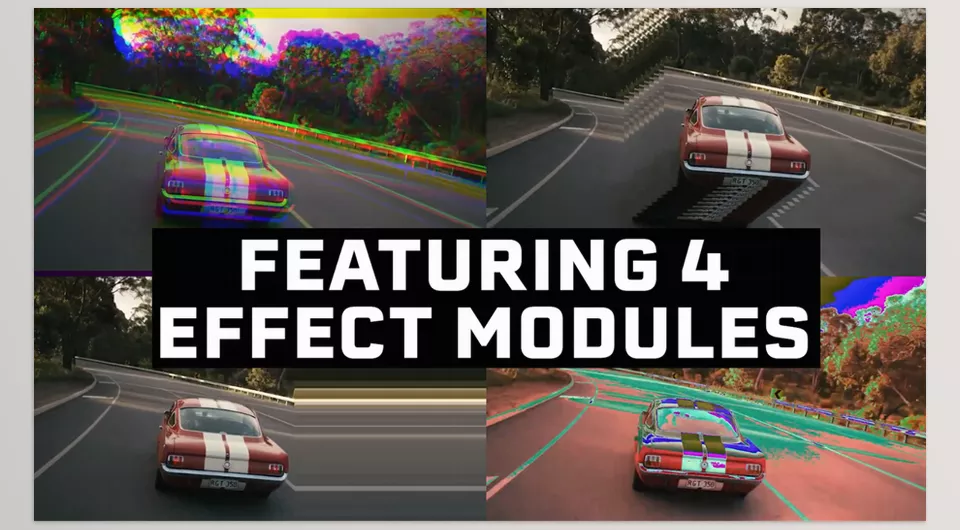 Glitch Control - 4 effect modules: RGB Controls, Displacement, Stretch, and Color cycle