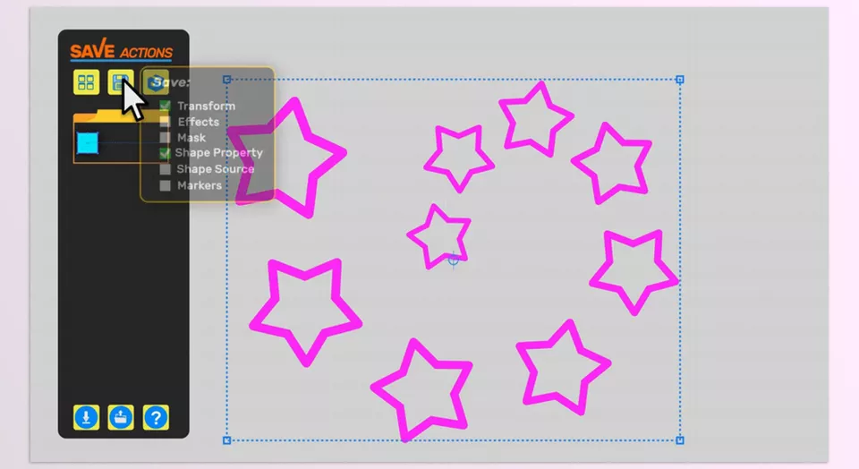 Aescripts - Save Actions - Organize and apply saved settings effortlessly, enhancing productivity with a user-friendly interface.