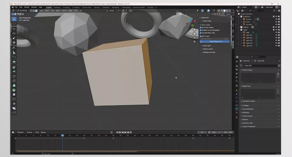 BlenderAe - Easily transfer 3D objects and animations from Blender to After Effects for seamless integration.