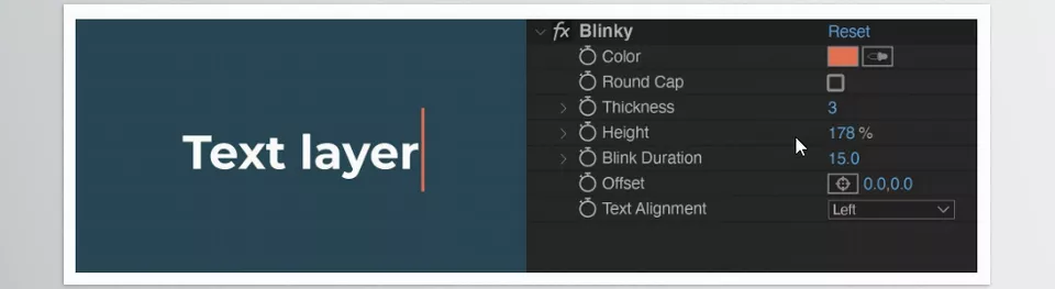 Aescripts - Blinky - With the new cursor layer selected, adjust the appearance of the "Blinky" effect controls