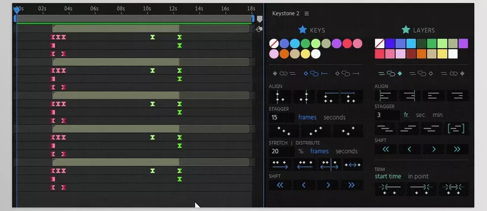 Keystone - You can stagger layers without altering their keyframes or align keyframes and layer in points simultaneously.