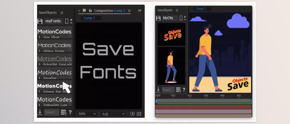 Save Objects - Save Fonts/ Save Compositions And Layers with live preview