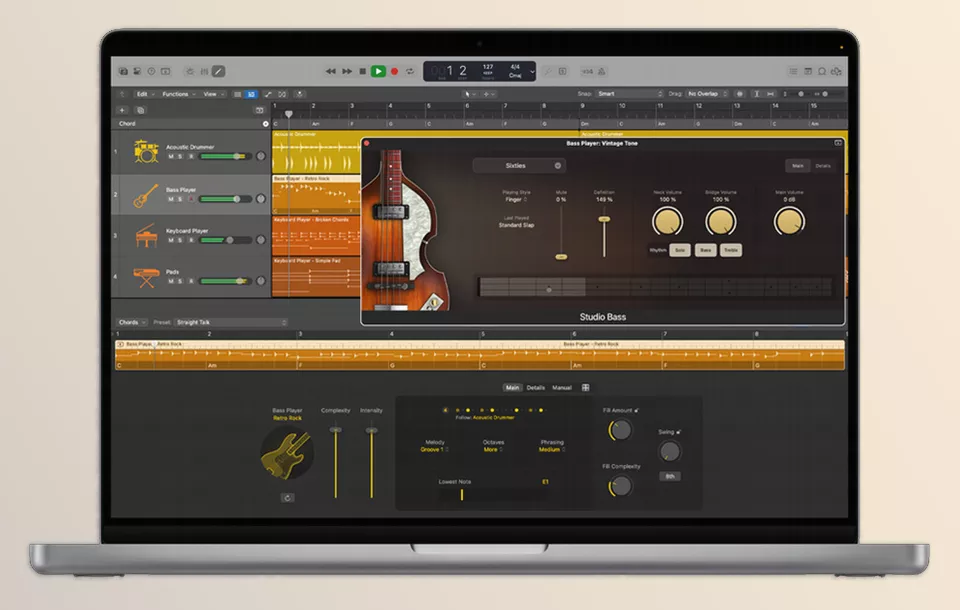 Logic Pro X - Session Players can “sit in” on any song. They take your direction on the fly while laying down realistic bass lines, keyboard accompaniment, and drum grooves.