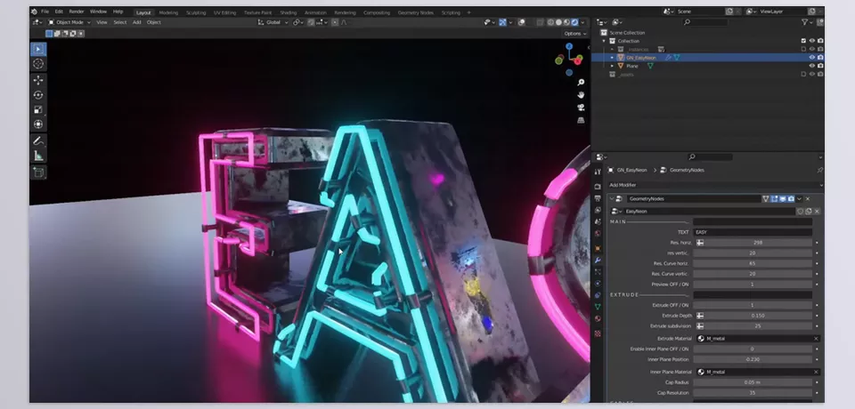 Easy Neon - Extrude your Text and adjust its size.