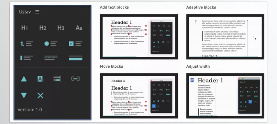 Ustav — Text layouts editor - there are buttons for creating the text blocks