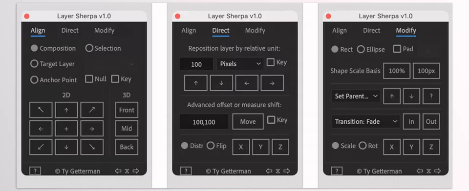 Layer sherpa - A replacement for Adobe's defective Align panel in a tabbed UI enhanced by hotkeys