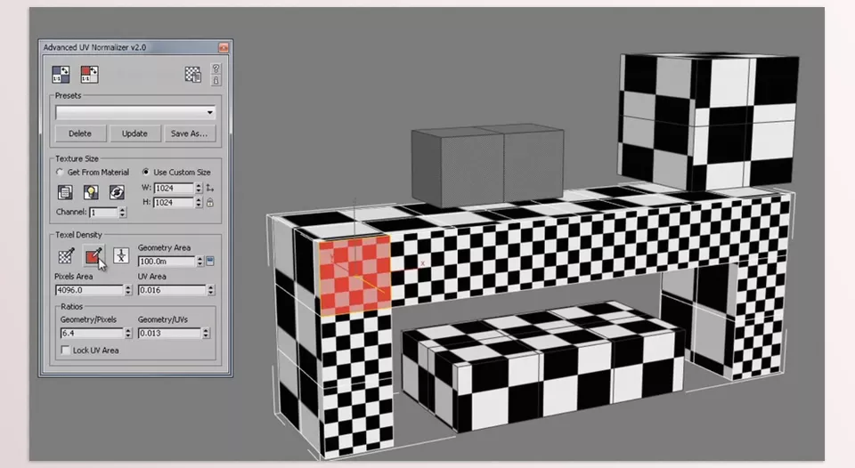 Advanced UV Normalizer - Calculate, obtain, set, and adjust the Texel Density of your models using various parameters, including Geometry Area, Texture Area, UV Area, as well as the Geometry-to-Pixels and Geometry-to-UVs ratios.