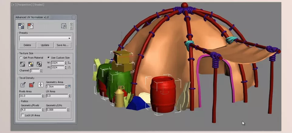 Advanced UV Normalizer - set the Texel Density using a fixed texture size, or apply various AUVN textures and normalize them simultaneously based on their respective texture sizes.