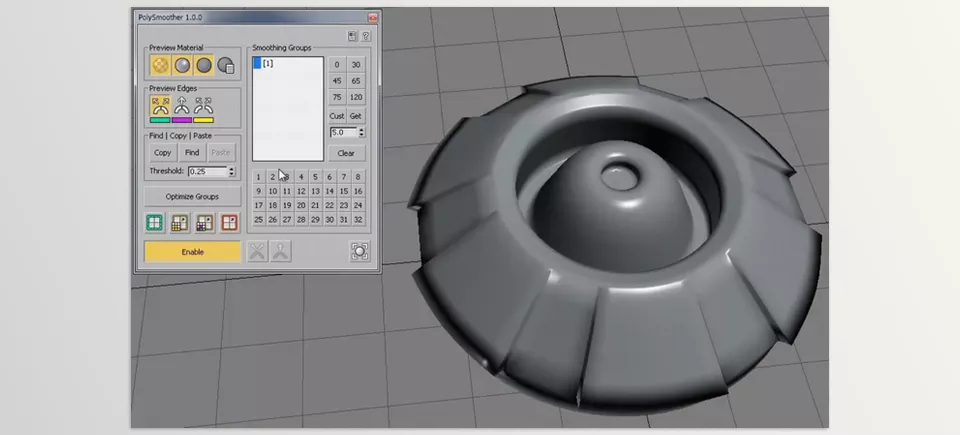 PolySmoother 2 - Set hard and soft edges, select edges by convexity, copy, paste, modify, and optimize smoothing groups, as well as convert them from and to UV mapping