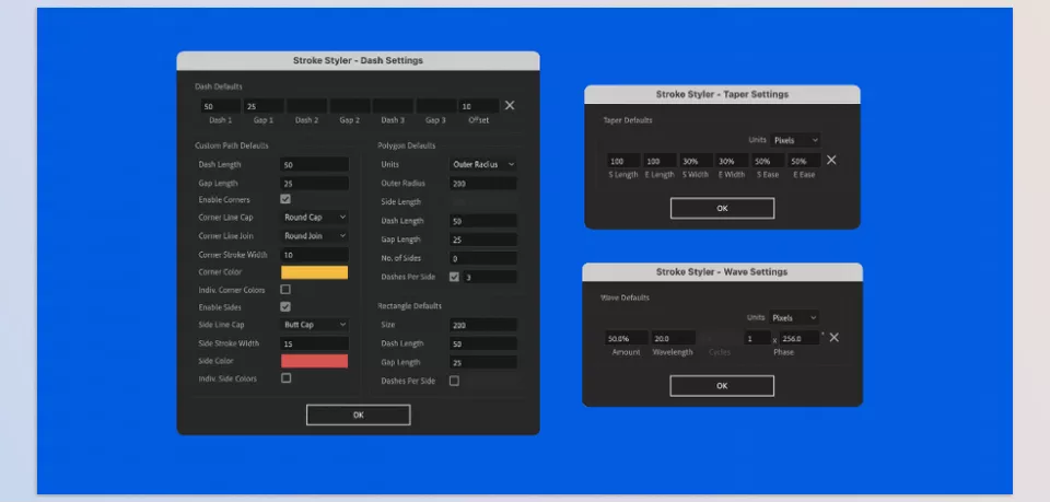 Aescripts - StrokeStyler - Set defaults for the dashes, paper and tape settings and add them to a stroke in one click