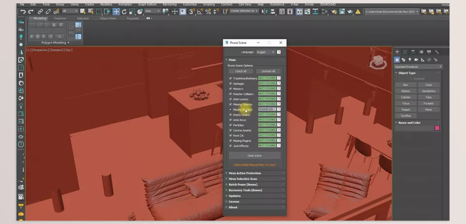 Prune Scene - Easily clear your 3Ds Max scene from scripted viruses and accumulated garbage.