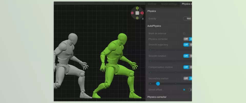 Cascadeur - Adjust the slider to shake, bounce, and overlapping movements in the body parts, bringing your animation to life.