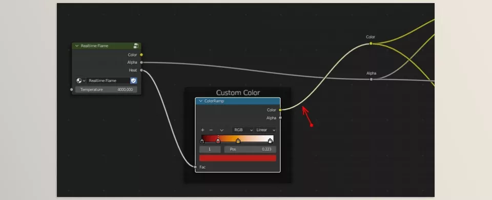 Realtime Flame Generator - To customize the flame's color gradient, open the "Realtime Flame" material node tree and connect the Color Ramp node to the Color input.