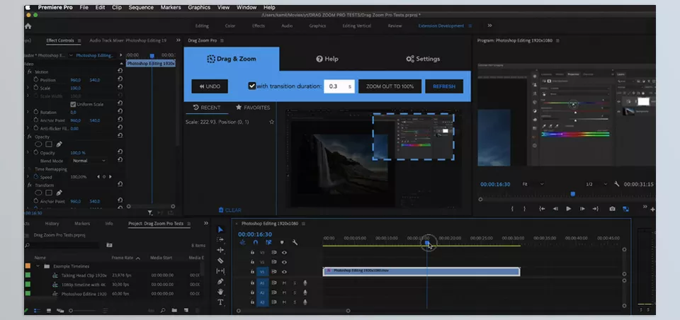 Drag Zoom Pro for Adobe Premiere Pro - Create smooth zoom-ins and transitions with natural motion blur using intuitive click-and-drag controls.