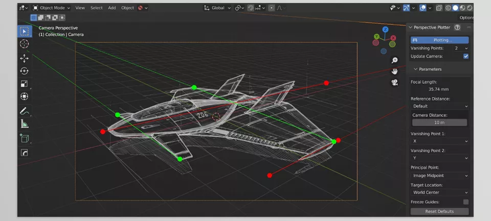 Perspective Plotter - transforming 2D sketches into 3D models, aligning a 3D environment with a 2D photograph, or dynamically animating a camera.