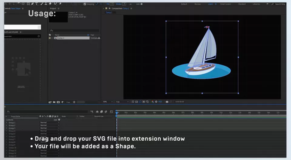 SVG2AE in After Effects - Your file will be included as a shape.