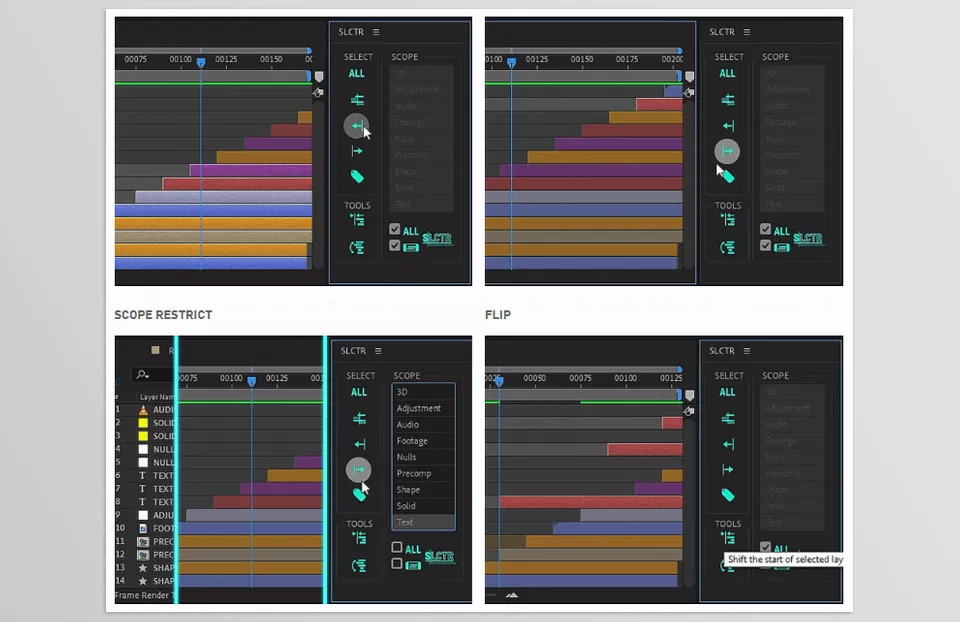 Aescripts - SLCTR - Compact and to sit at the right hand side of the time-line where it will see most use