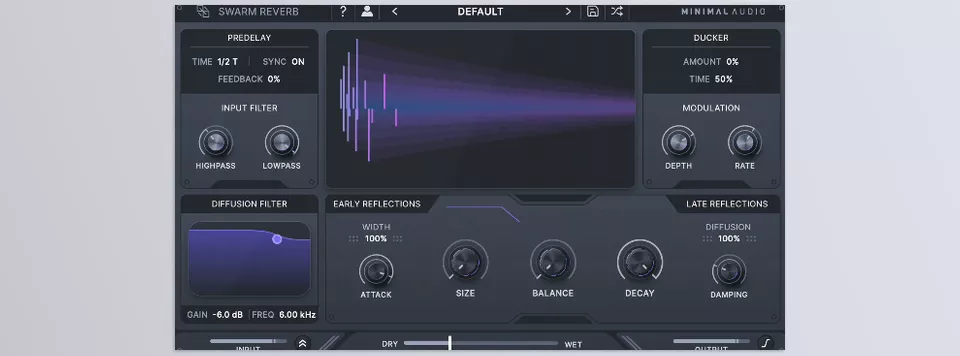  Swarm Reverb - The built-in ducking, tempo-synced pre-delay, stereo width adjustment, and separate input and diffusion filtering make sure that every space integrates perfectly with your track.