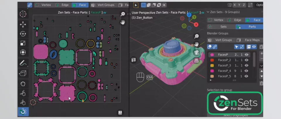 Zen Sets - An add-on designed for the creation, management, and visualization of native vertex groups, face maps, and custom Zen Sets groups, tailored to selections of objects, collections, and mesh elements.