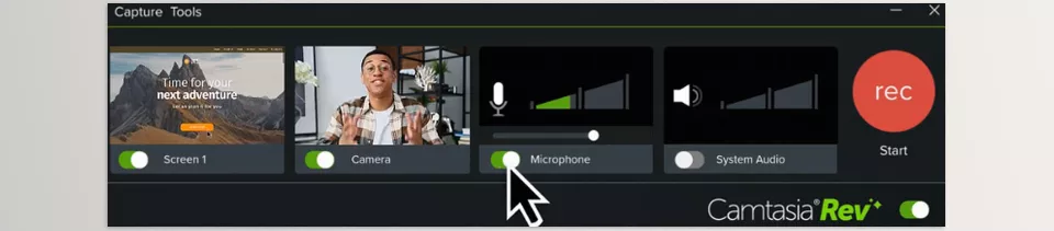 Camtasia - capture your camera, microphone, and system audio with incredible fidelity.