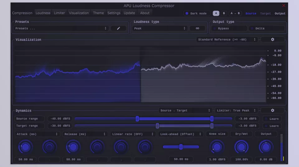 APU Loudness Compressor - Peak mode is slightly more responsive than True Peak mode but is less accurate because it doesn’t account for inter-sample peaks.