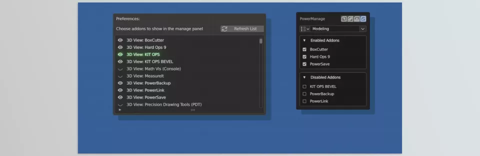 Blender - Powermanage - Effortlessly enable or disable Blender addons, and automatically back up or restore their preferences.