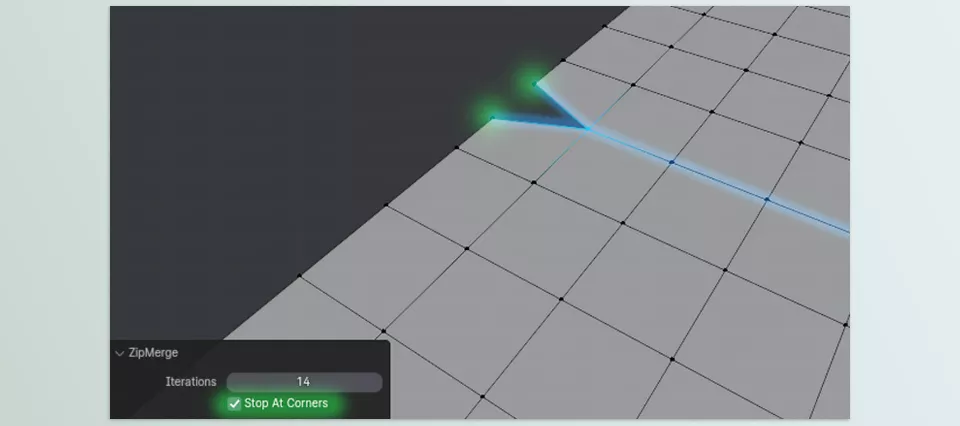 Zip Merge - If you were to try and merge these verts using merge by distance you would merge lots of unwanted components. This is a scenario we modelers face time and time again.