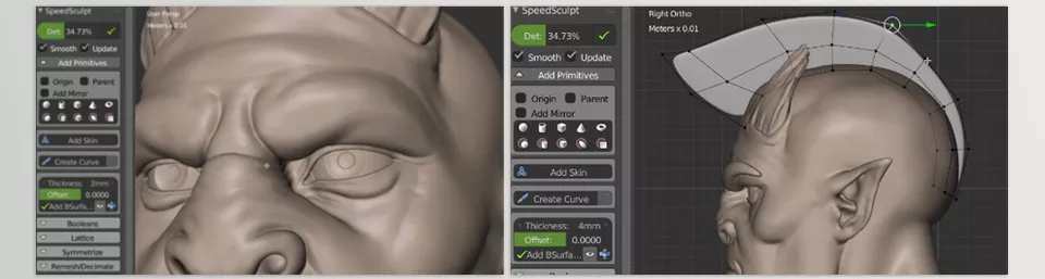 Speedsculpt - Create characters quickly, manage Dyntopo sculpting using booleans, cut curves, apply the skin modifier, decimate, mask, and more.