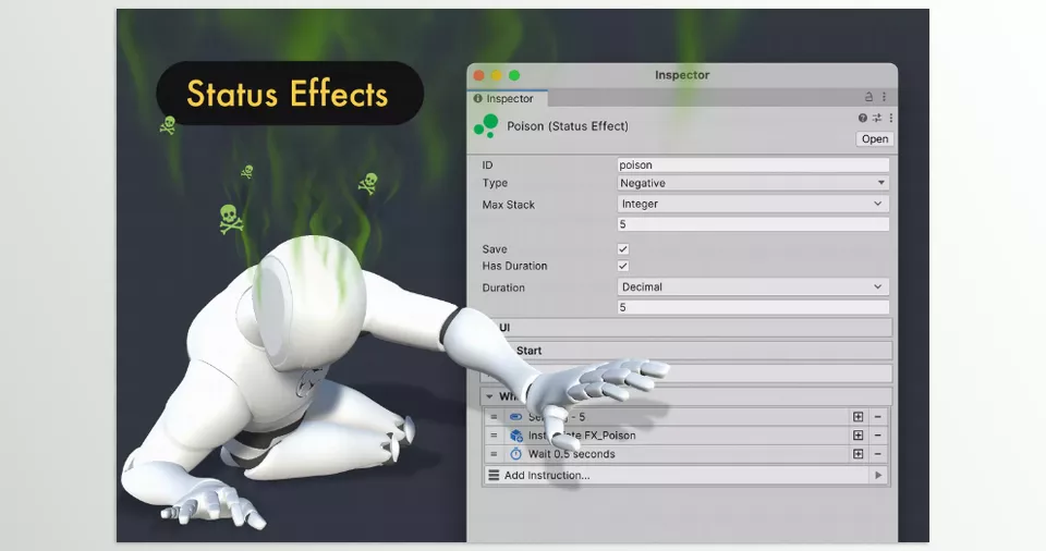 Stats 2 Game Creator 2 by Catsoft Works - Status Effects are ailments that can be either positive or negative, impacting a character over a period of time and potentially stacking with other effects.