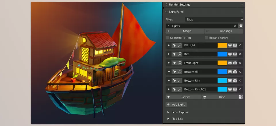 Radiant - Easily manage your lights in your scene through the side panel.