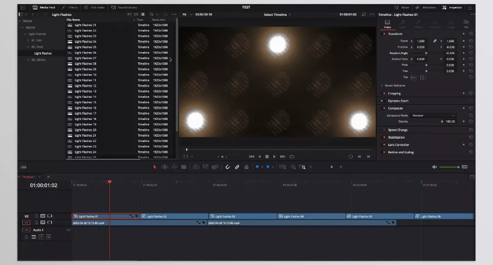 Light Flashes for DaVinci Resolve - Transform any project with vibrant, looped spotlight animations that add energy and impact to your scenes.