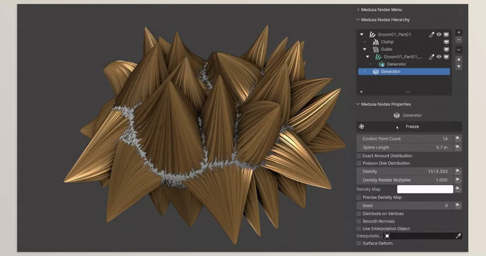 MEDUSA NODES - Manually freezing generated splines (hair follicles) within the Generator now reduces unnecessary calculations, significantly improving performance by eliminating the need for repeated spline generation with each dependency graph update.