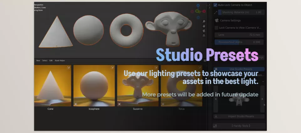 Assets Library Builder - Use our lighting presets to showcase your assets in the best light.