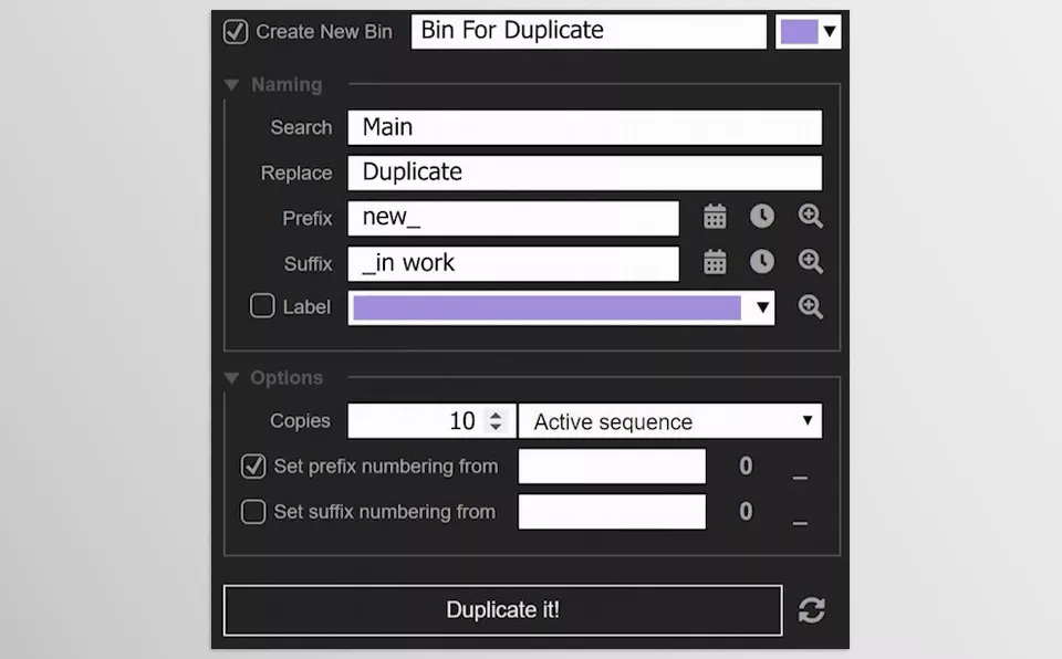 Aescripts - Duplicate It - You can easily create clones of the active or selected sequence, generating unique copies of all nested items. 