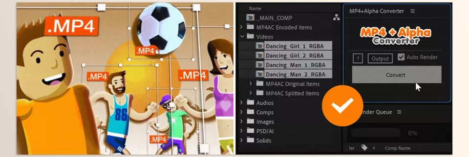 MP4 plus Alpha Converter - Convert items with an Alpha Channel to MP4/H264 with just one click, while preserving the transparent background.