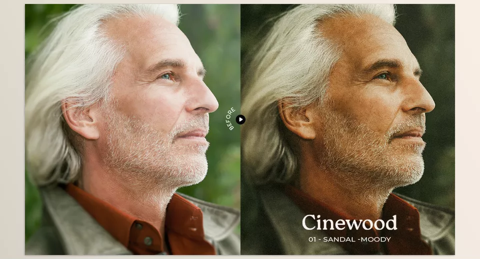 Cinewood Cinematic Portrait Lightroom Presets - Transform your portraits with rich, cinematic tones and subtle film-like grain for a professional touch.