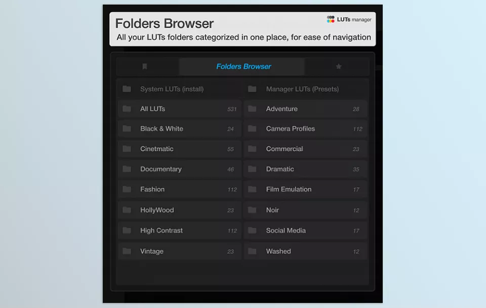 LUTs Manager Real-Time Bulk Previews Tool - Apply and manage your LUTs seamlessly across major editing software for stunning, professional results.