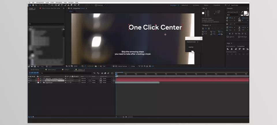 Aescripts - One Click Center - Streamline your workflow by instantly centering the anchor points and positions of multiple layers with a single click.