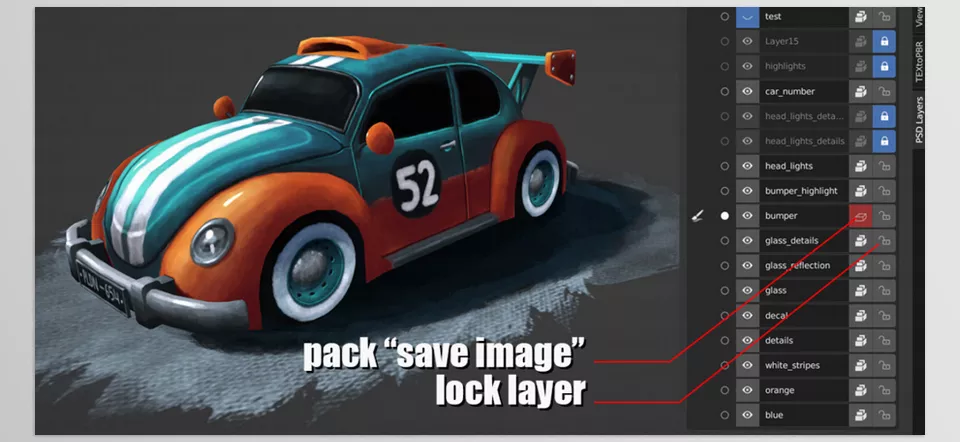 PSD Layers - Save Image button that automatically assigns a pack and activates the 'Fake User' option.