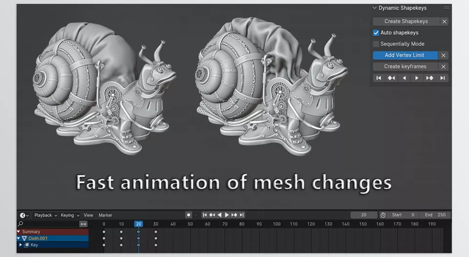 Dynamic Shapekeys - Quickly create animations for edit and sculpt mode using shape keys in relative or sequential mode.