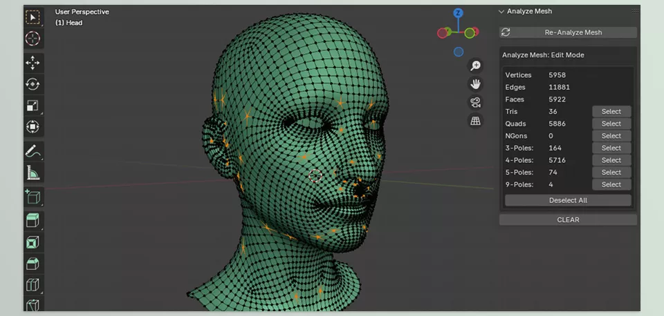 Analyze Mesh - Made for 3D modelers who want to quickly check their mesh topology for quads, tris, ngons , and edge poles.