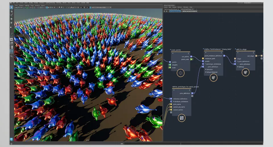 Maya - Bifrost-USD features both high-level compounds to easily and quickly populate a USD stage with layers and prims, as well as low-level nodes that match the capabilities of the USD API.